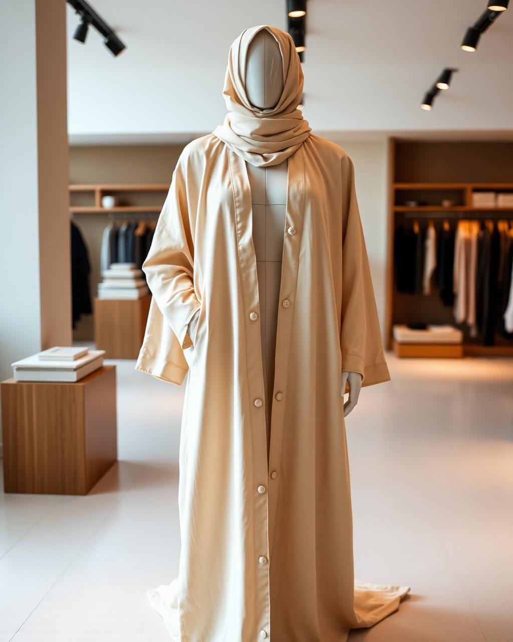 Open Cream abaya draped on a stand, Farewell Famous atelier